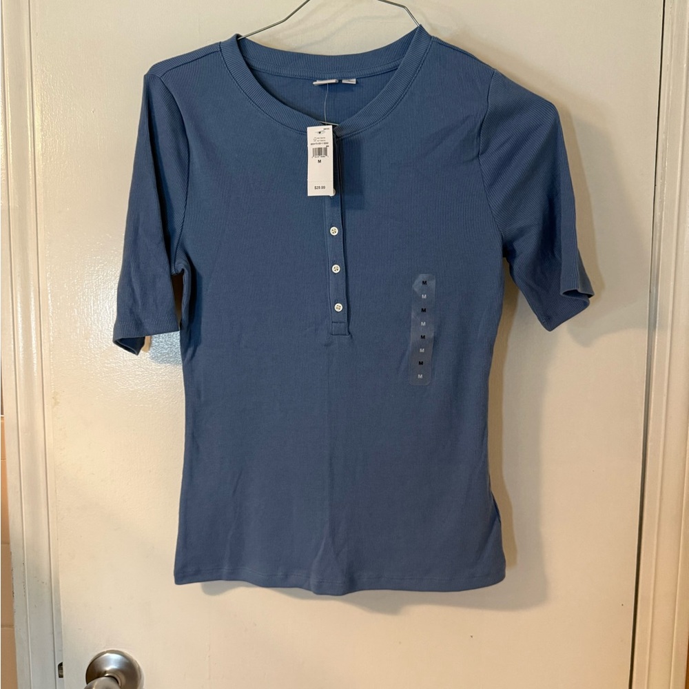 GAP Blue Fitted Buttoned T-Shirt with Mandarin Collar